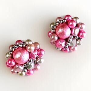 Vintage Mid-Century Cluster Clip Earrings Pink White Silver Beads Retro Glam
